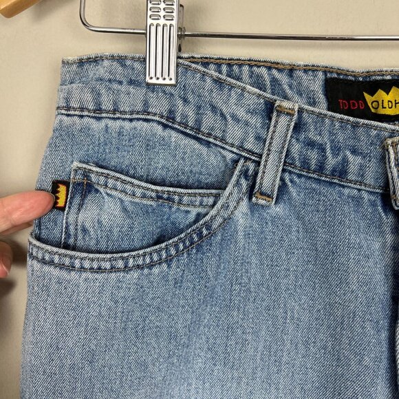 Todd Oldham Jeans 7x33 Blue Flare Leg Bell Bottom Mid Rise Denim 90s Y2K Hippie - Picture 15 of 15